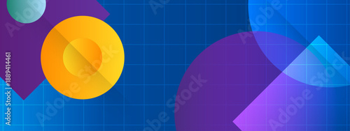 Vibrant blue background with yellow circles and purple geometric translucent overlays