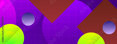 Stylish purple abstract background with retro grid lines and colorful geometric shapes inspired by synthwave and vaporwave aesthetics