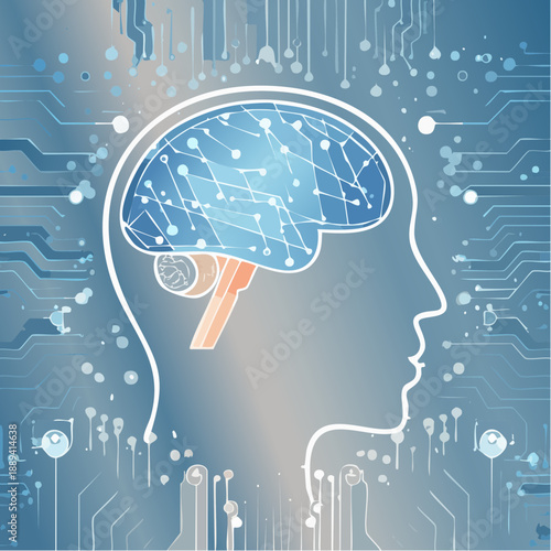 Human head silhouette with brain circuitry and neural connections illustration