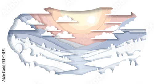 Illustration of a serene winter landscape with a sunset, featuring snow-covered trees and a calm lake, set against a white background.