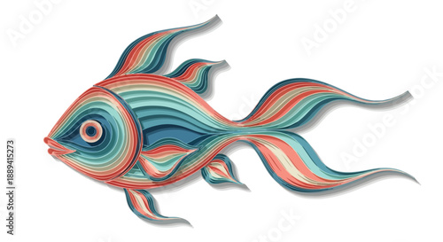 Colorful illustration of a fish with flowing fins and tail on a white background.