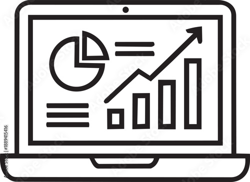 Computer icon with investment statistics on screen, financial analytics dashboard displaying charts and graphs, business and finance technology illustration, flat vector design