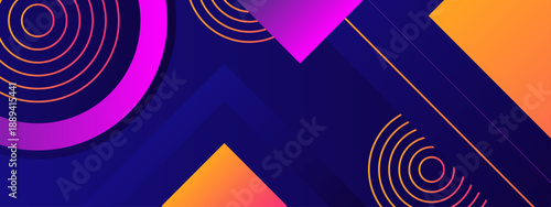 Dynamic dark blue background with vibrant orange circles and purple geometric rectangle shapes in a fun style