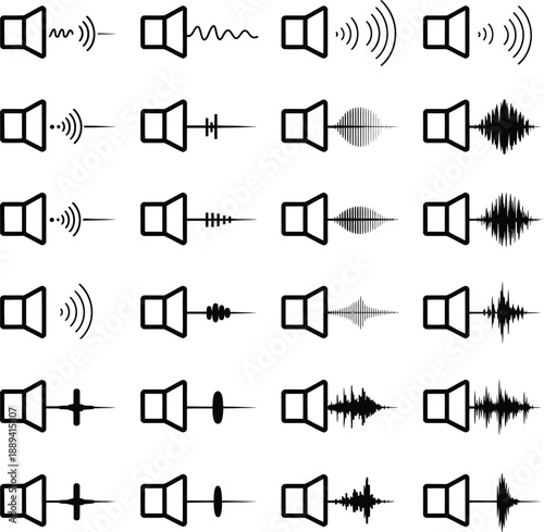 Collection of speaker with various sound wave visualizations and audio signal representations