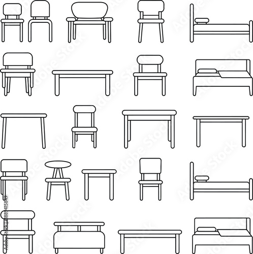 Collection of twenty minimalist outline of furniture pieces , furniture, set, collection, outline, minimalist,