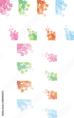 桜の花、夏のもみじ、秋の紅葉、雪の結晶。日本の四季の変遷の縦型と横型バリエーションのイラスト