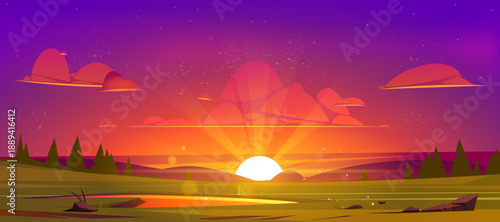 Cartoon nature landscape beautiful sunset at field