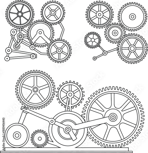 Intricate line of mechanical gears and clockwork mechanisms in detailed arrangements