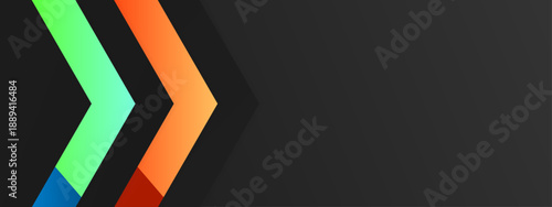 Minimalist dark gray background with colorful geometric arrow shapes pointing right