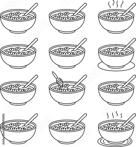 Outline of cereal bowls with milk and spoons in various styles and steaming effects