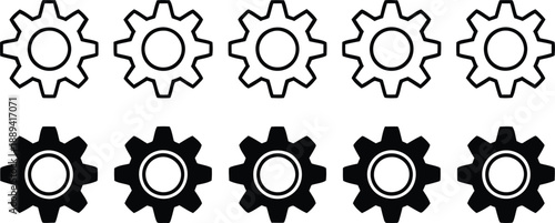 Row of gears in outline and solid black styles cogs , gears, cogs, mechanical, engineering, industry, 