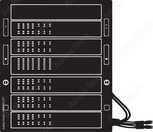 Server rack with multiple drawers and cables isolated on transparent background