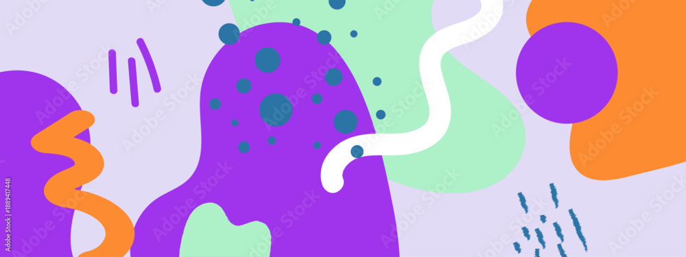 Fototapeta premium Creative abstract background in purple and mint shades with blue polka dots and orange squiggle lines