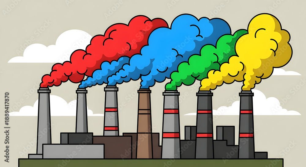 Naklejka premium Industrial smokestacks emitting vibrant multi-colored gas plumes in a stylized hand-drawn flat vector illustration, depicting environmental pollution and toxic atmospheric emissions from a factory.