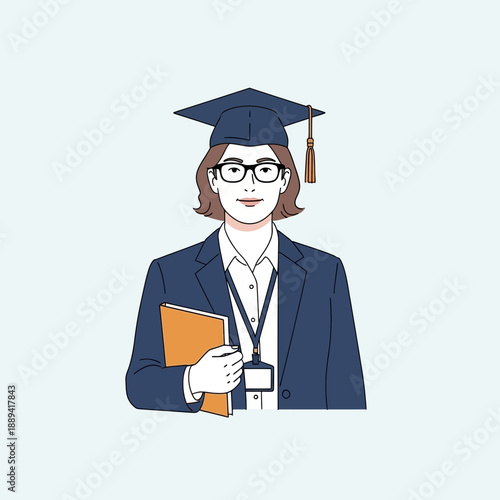 Female graduate in cap and gown holding book, wearing glasses and ID badge