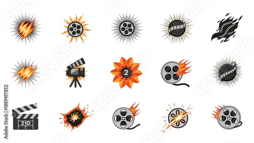 Explosion And Fire Film Reel And Movie Production Icons Set