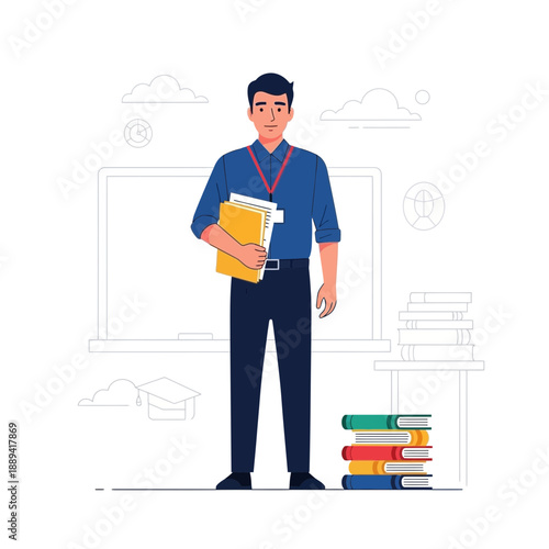 Male teacher holding books in classroom with blackboard and books stack