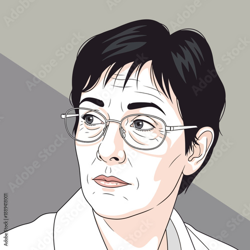 Portrait of a thoughtful middle-aged woman with glasses, vector art