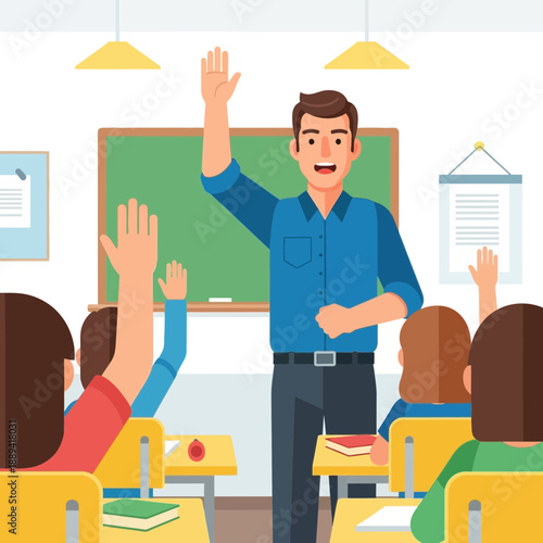 Teacher asking question, students raising hands in classroom