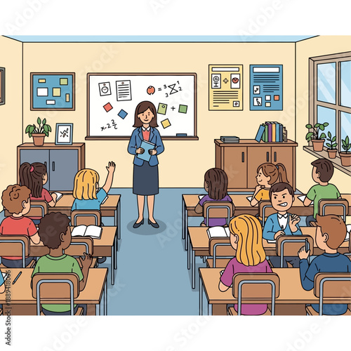 Teacher instructing students in a classroom with colorful geometric shapes on the whiteboard.