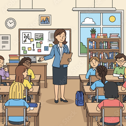 Teacher instructing diverse students in a classroom setting