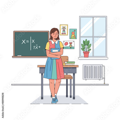 Young female teacher stands in classroom with books and blackboard