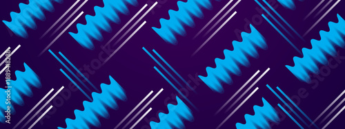 Modern geometric composition with cyan wavy shapes and white diagonal speed lines over a deep violet backdrop