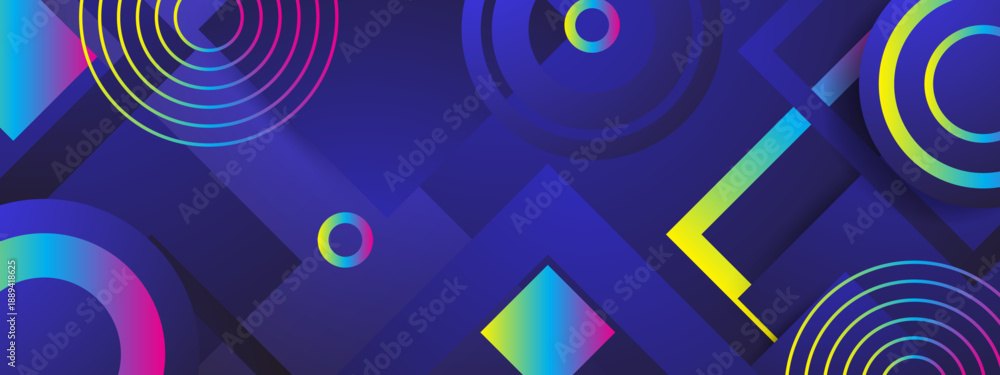Fototapeta premium High contrast dark blue and purple backdrop featuring neon glowing rings and sharp geometric angles