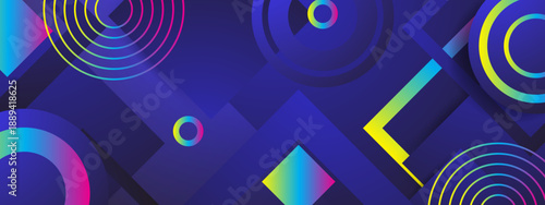 High contrast dark blue and purple backdrop featuring neon glowing rings and sharp geometric angles
