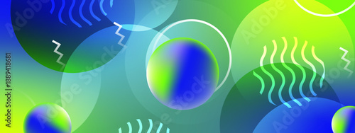 Deep blue and lime green aquatic theme featuring luminous spheres and abstract geometric waves