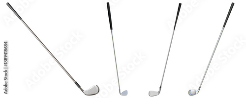 realistic photograph showcasing various golf clubs, perfect for sports equipment, leisure, and professional golf themes.