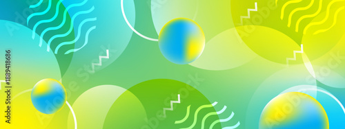 Refreshing light green and blue gradient base decorated with 3D spheres and playful zigzag patterns