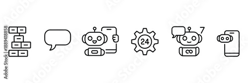 doodle style chat bot icons set vector illustrations of robot assistants AI chat interface help desk virtual agent customer care support tools and branding elements for websites apps.