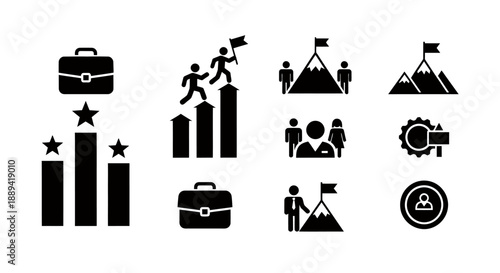 Collection of travel and teamwork icons depicting camping, exploration, meetings, and growth.