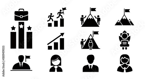 Collection of silhouette icons depicting people in business, learning, leadership, and teamwork scenarios.