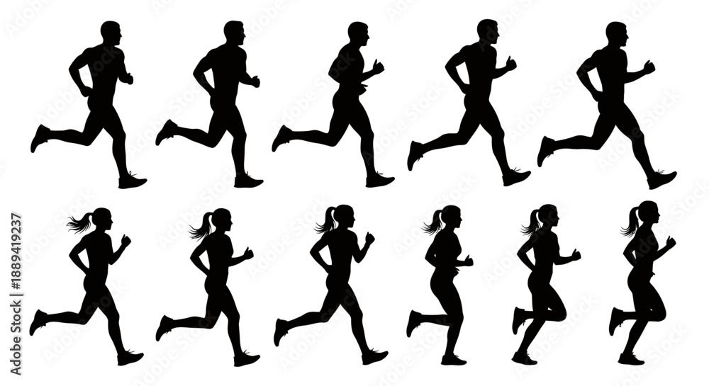 Fototapeta premium Row of silhouettes of runners in motion during a dynamic training sequence.