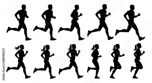 Row of silhouettes of runners in motion during a dynamic training sequence.