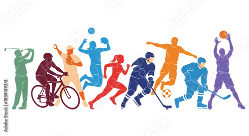 Colorful group of diverse athletes and supporters showcasing dynamic sports and movement.