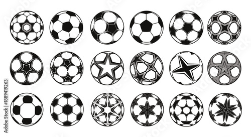 Collection of soccer ball icons showing diverse patterns and styles.