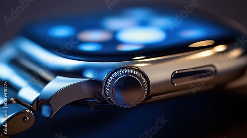 Wallpaper Mural Macro close-up of a metallic smartwatch with brushed stainless steel crown, side button and link bracelet, glossy curved screen glowing blue evoking sleek modern luxury and precision Torontodigital.ca