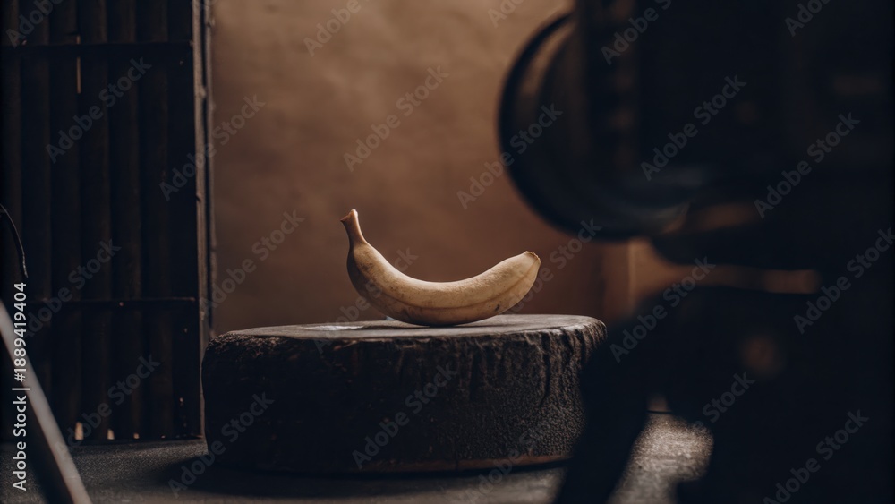 Obraz premium A Single Ripe Banana Curving Gently on a Textured Circular Surface in Warm Lighting