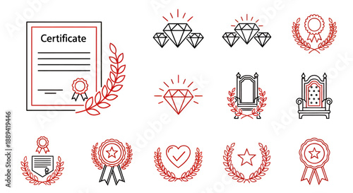 Collection of award certificates and laurel wreath icons and badges for recognition and achievement design.