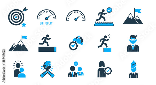 Collection of blue athletic activity icons illustrating various sports and fitness actions.
