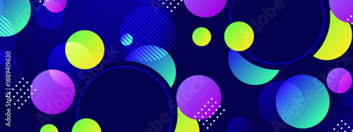 Stylish dark blue composition featuring glowing colorful circles and minimalist line patterns