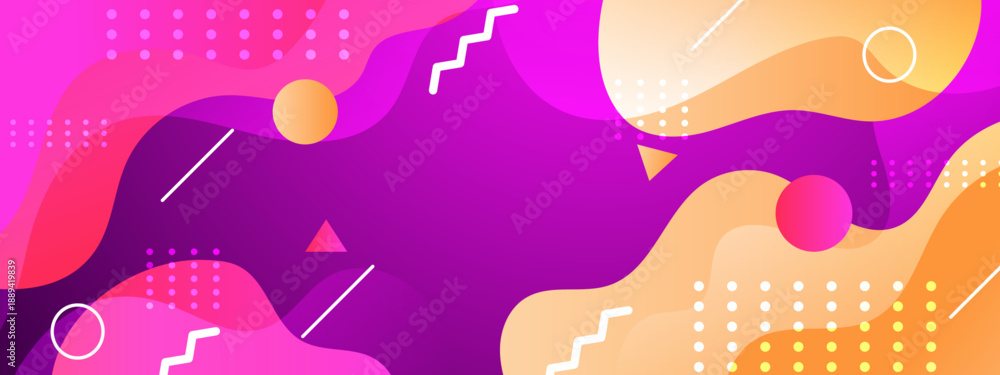 Obraz premium Trendy purple and orange background with fluid wavy shapes halftone dots and geometric Memphis style elements