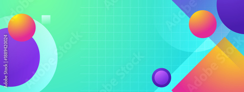 Soft cyan and purple abstract scene with floating 3D spheres and geometric shapes over a subtle grid texture
