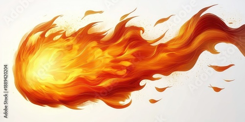 comet-like flowing flame with bright yellow core and long red-orange feathered trail, scattered ember leaves and glowing sparks conveying intense dynamic energy and motion