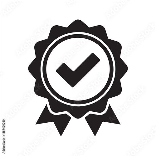 Award Badge Icon – Check Mark Ribbon Seal Silhouette in Flat Vector Style