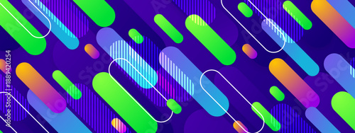 Energetic abstract background with green and blue rounded diagonal lines over a deep purple base