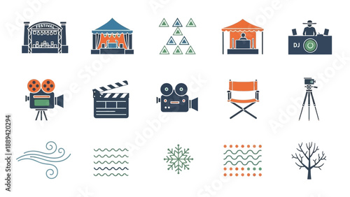 Collection of graphic icons related to entertainment, film, and winter themes